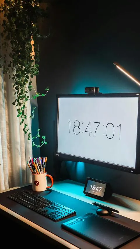The same digital clock time on display on multiple screens on a desk